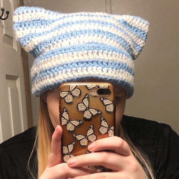 Light Blue and White Crochet Cat Ear Beanie - Picture 1 of 4